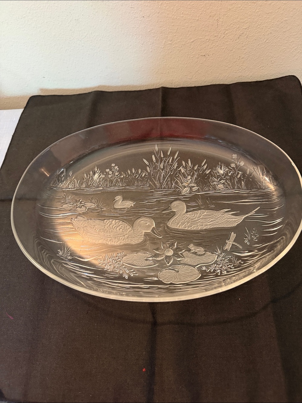 Vintage frosted Glass Duck-Scene Serving Platter embossed pond scene.